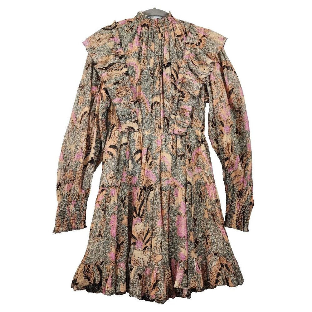 Ulla Johnson Vienne Floral Ruffle Mini Dress in Pink, Tan, Black